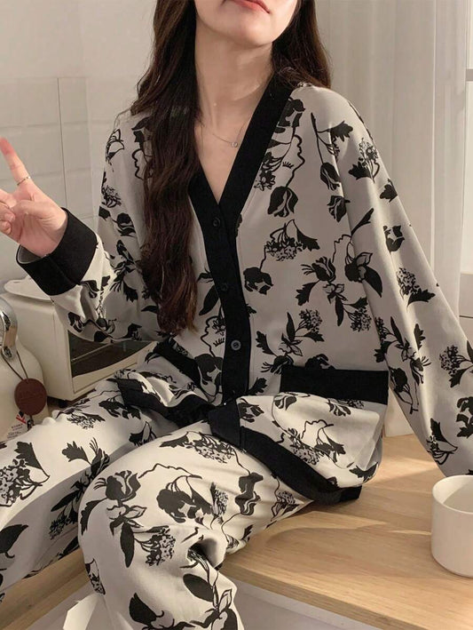 SHEIN طقم بيجامة قطعتين بأكمام طويلة وبنطلون