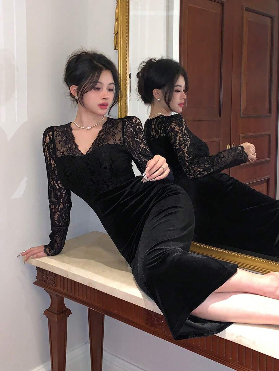 SHEIN DAZY فستان دانتيل أسود ومخمل طويل الأكمام