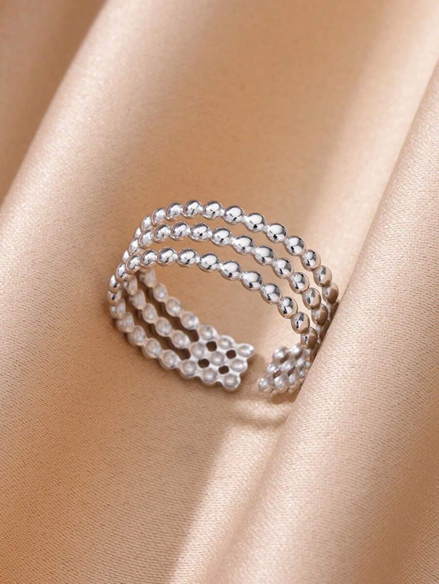 SHEIN خاتم مفتوح معدني مزين بالخرز من الفولاذ المقاوم للصدأ