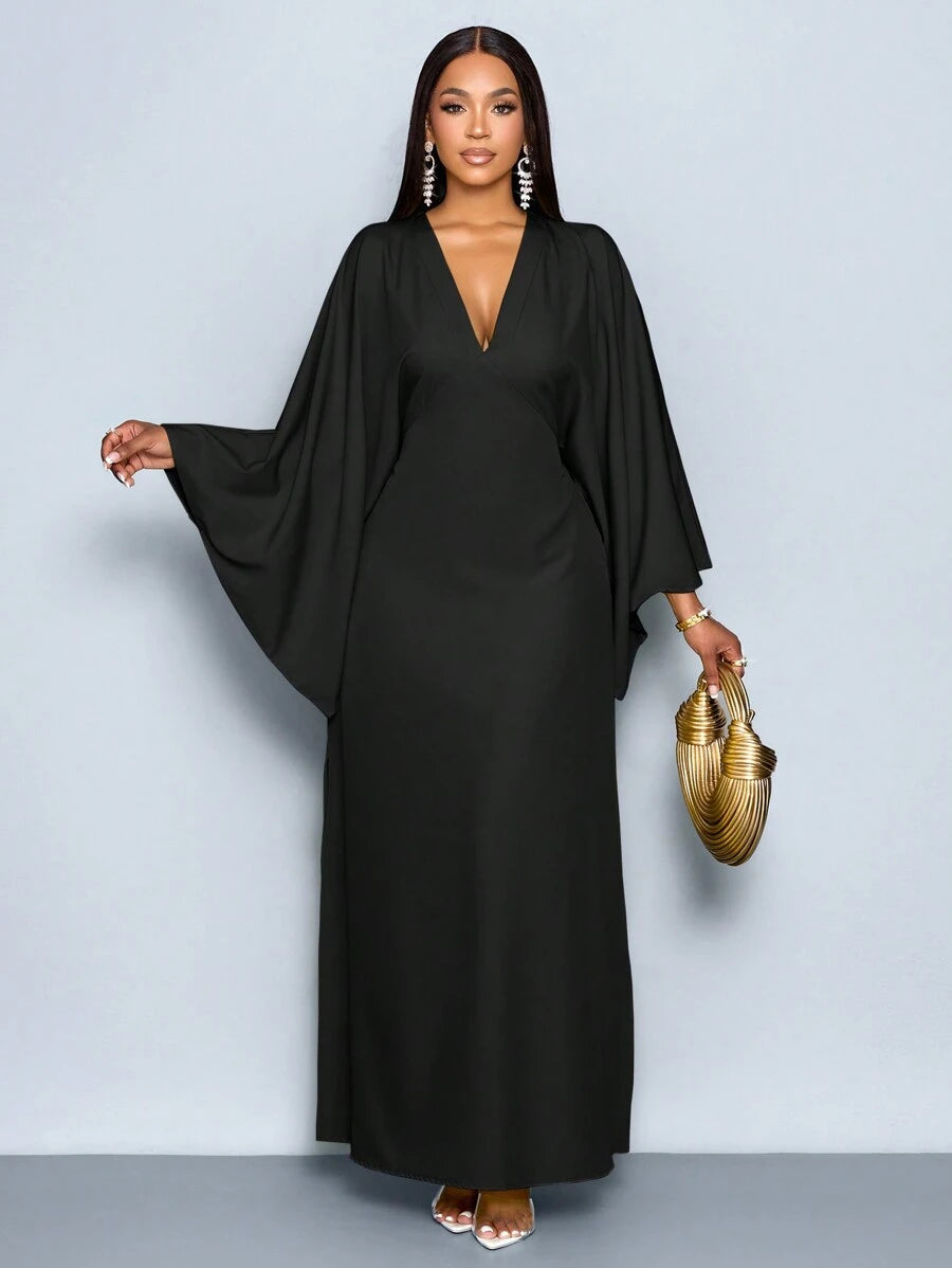 SHEIN SOLERSUN V فستان ماكسي أسود بأكمام واسعة برقبة