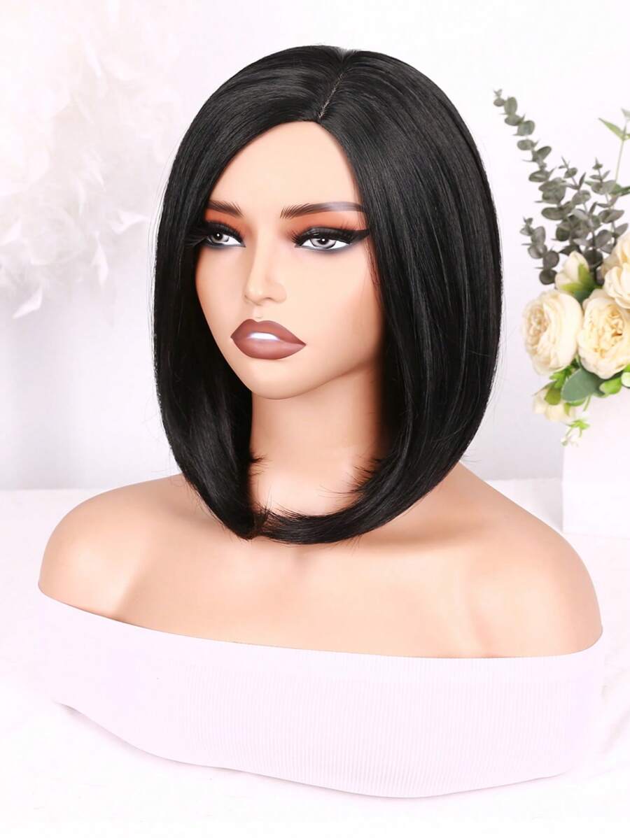SHEIN باروكة قصيرة بقصة جانبية سوداء طبيعية