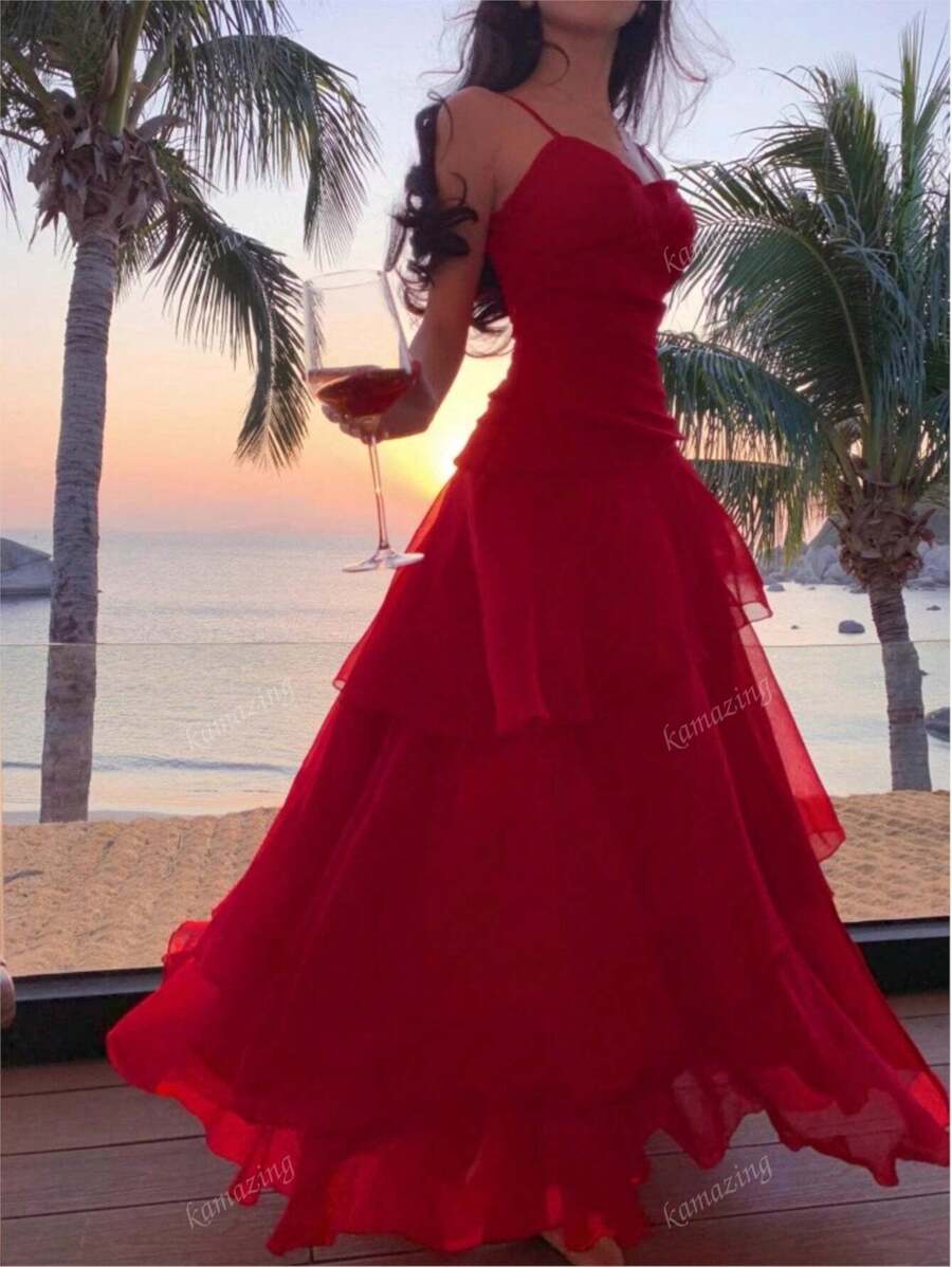 SHEIN فستان احمر أنيق بكشكشة غير متماثلة