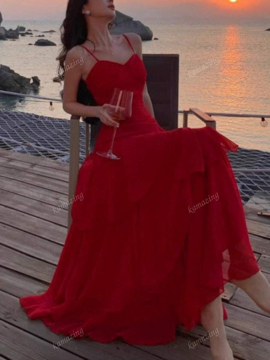 SHEIN فستان احمر أنيق بكشكشة غير متماثلة