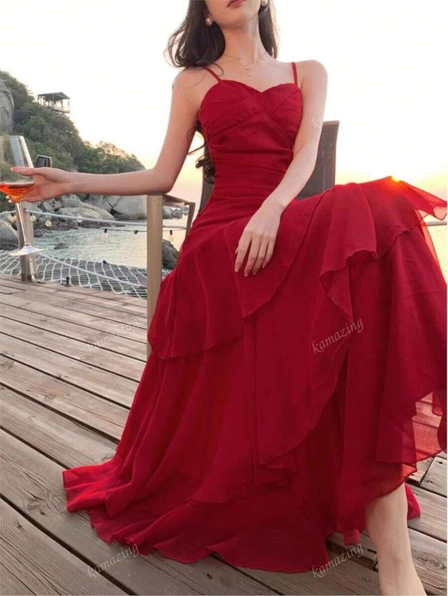 SHEIN فستان احمر أنيق بكشكشة غير متماثلة