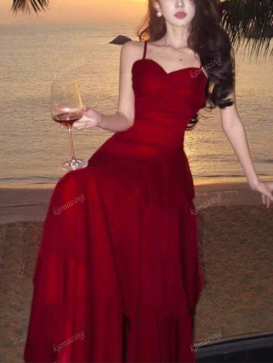 SHEIN فستان احمر أنيق بكشكشة غير متماثلة