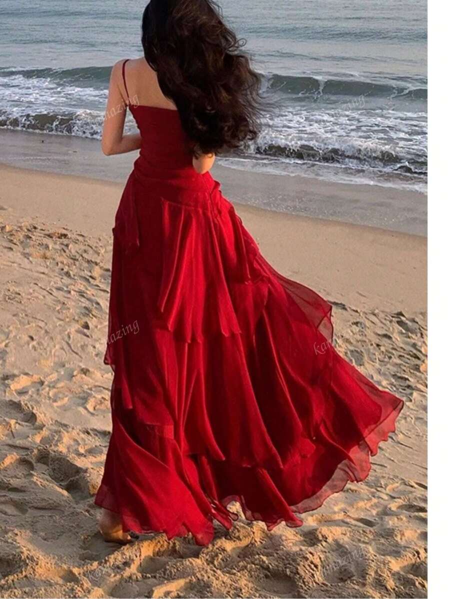 SHEIN فستان احمر أنيق بكشكشة غير متماثلة