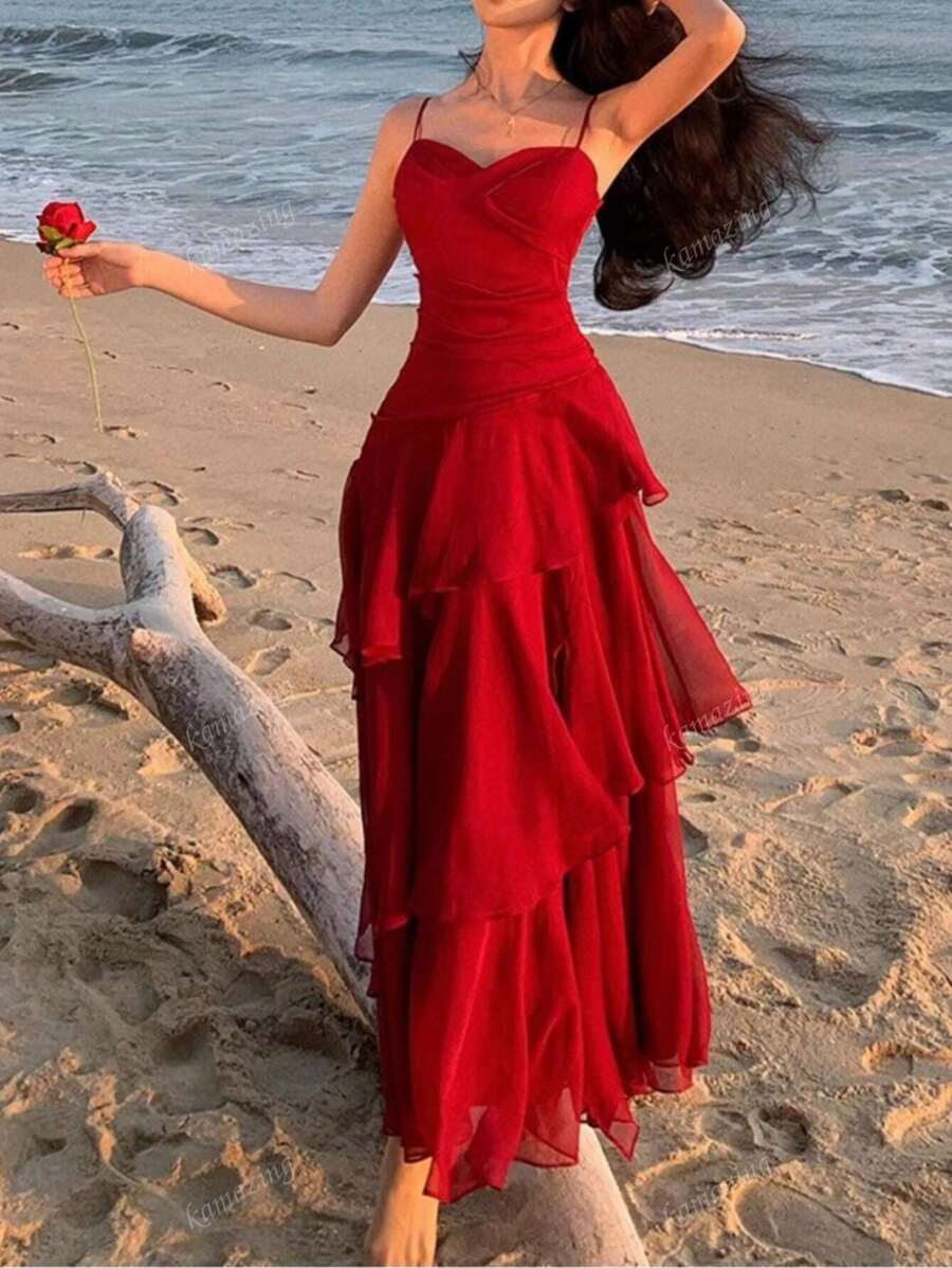 SHEIN فستان احمر أنيق بكشكشة غير متماثلة