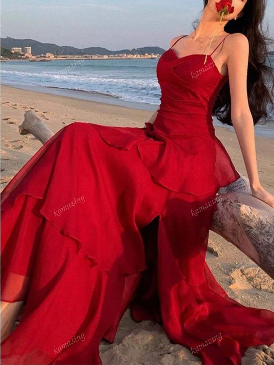 SHEIN فستان احمر أنيق بكشكشة غير متماثلة