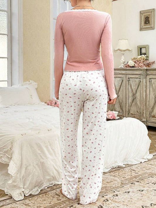 SHEIN CottageSlumber ملابس نوم بلوزة بأكمام طويلة وياقة دانتيل وبنطلون
