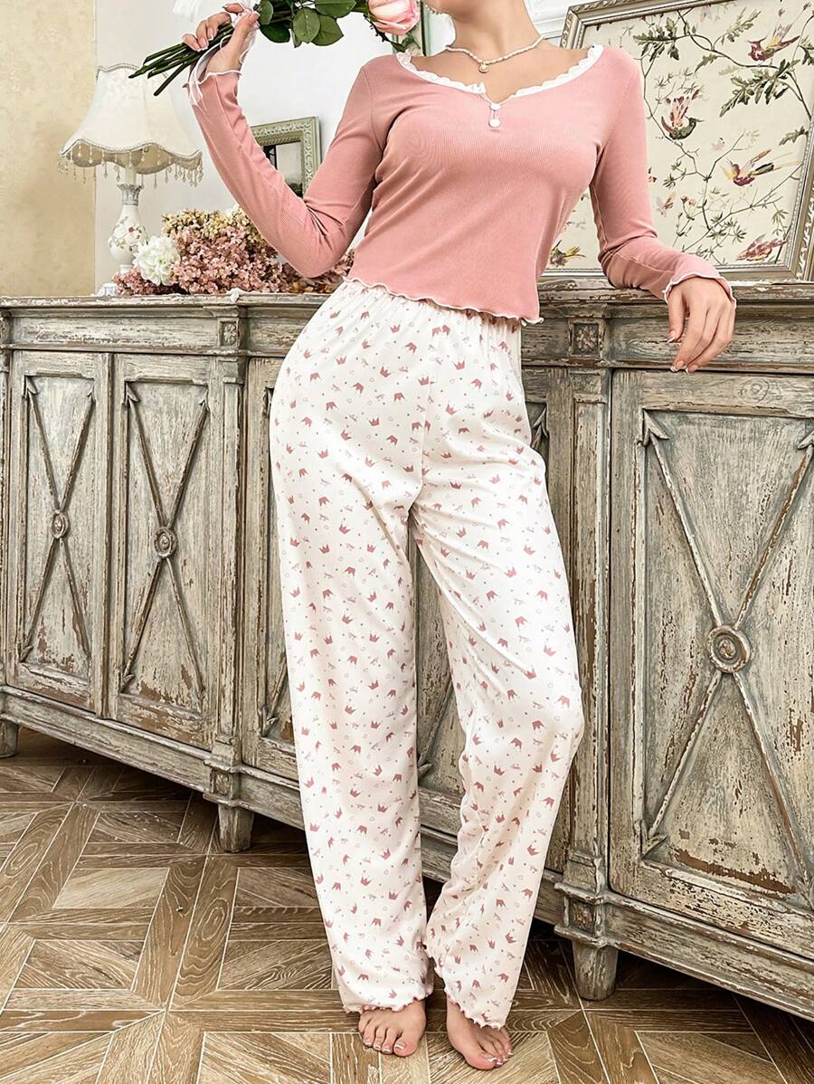 SHEIN CottageSlumber ملابس نوم بلوزة بأكمام طويلة وياقة دانتيل وبنطلون