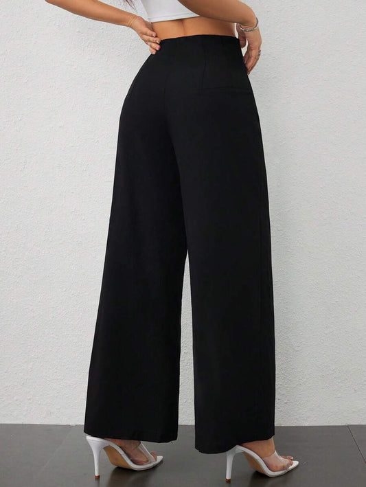 SHEIN PETITE بنطلون أسود بخصر عالي بساق واسعة بقماش منسوج