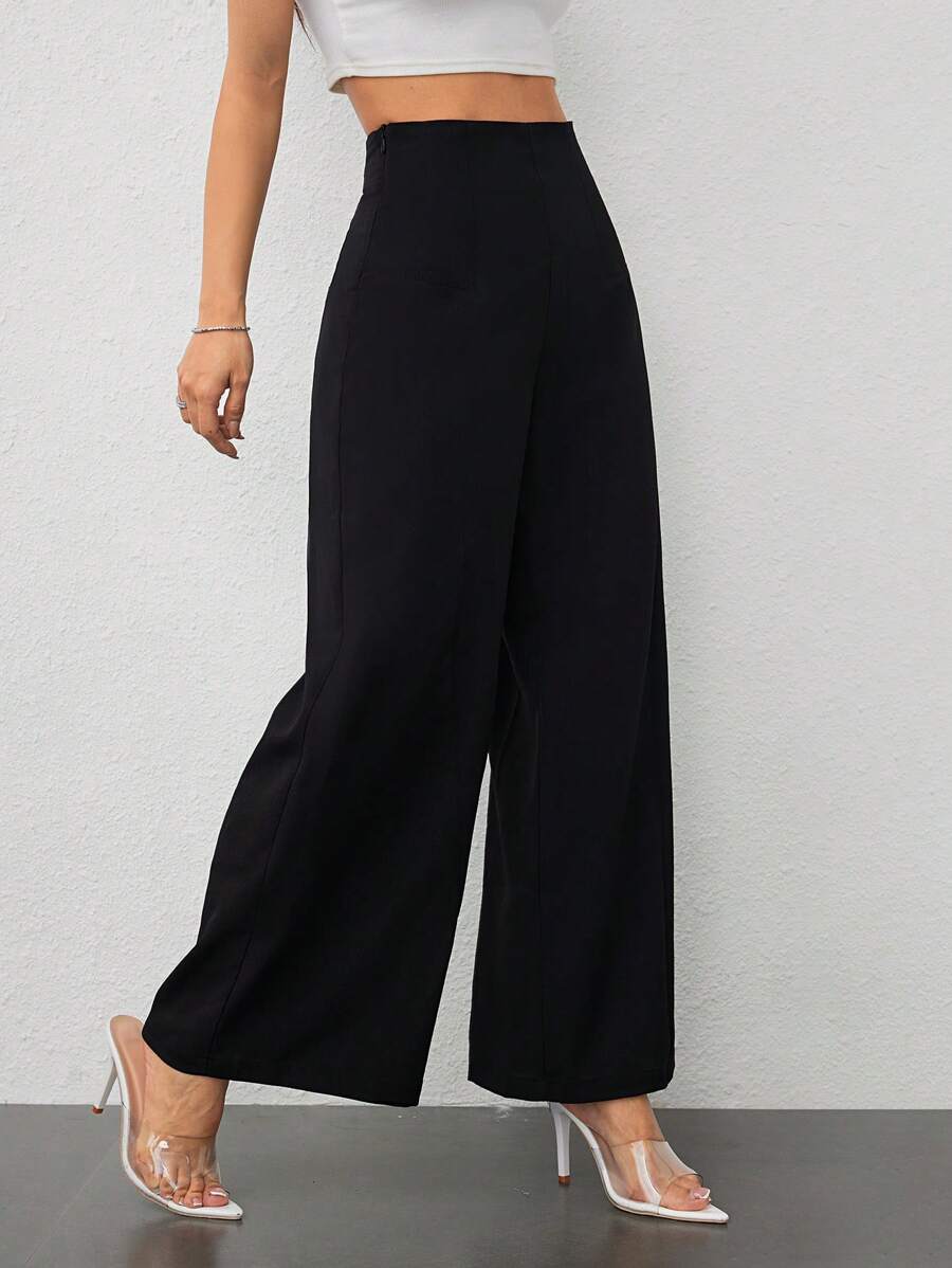 SHEIN PETITE بنطلون أسود بخصر عالي بساق واسعة بقماش منسوج