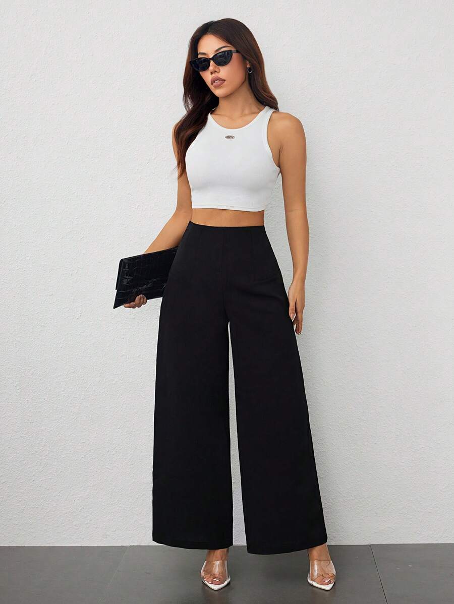 SHEIN PETITE بنطلون أسود بخصر عالي بساق واسعة بقماش منسوج