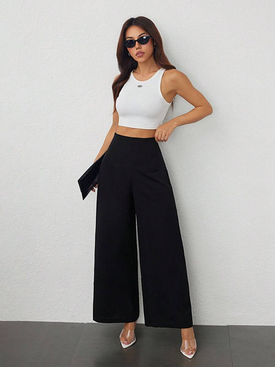SHEIN PETITE بنطلون أسود بخصر عالي بساق واسعة بقماش منسوج