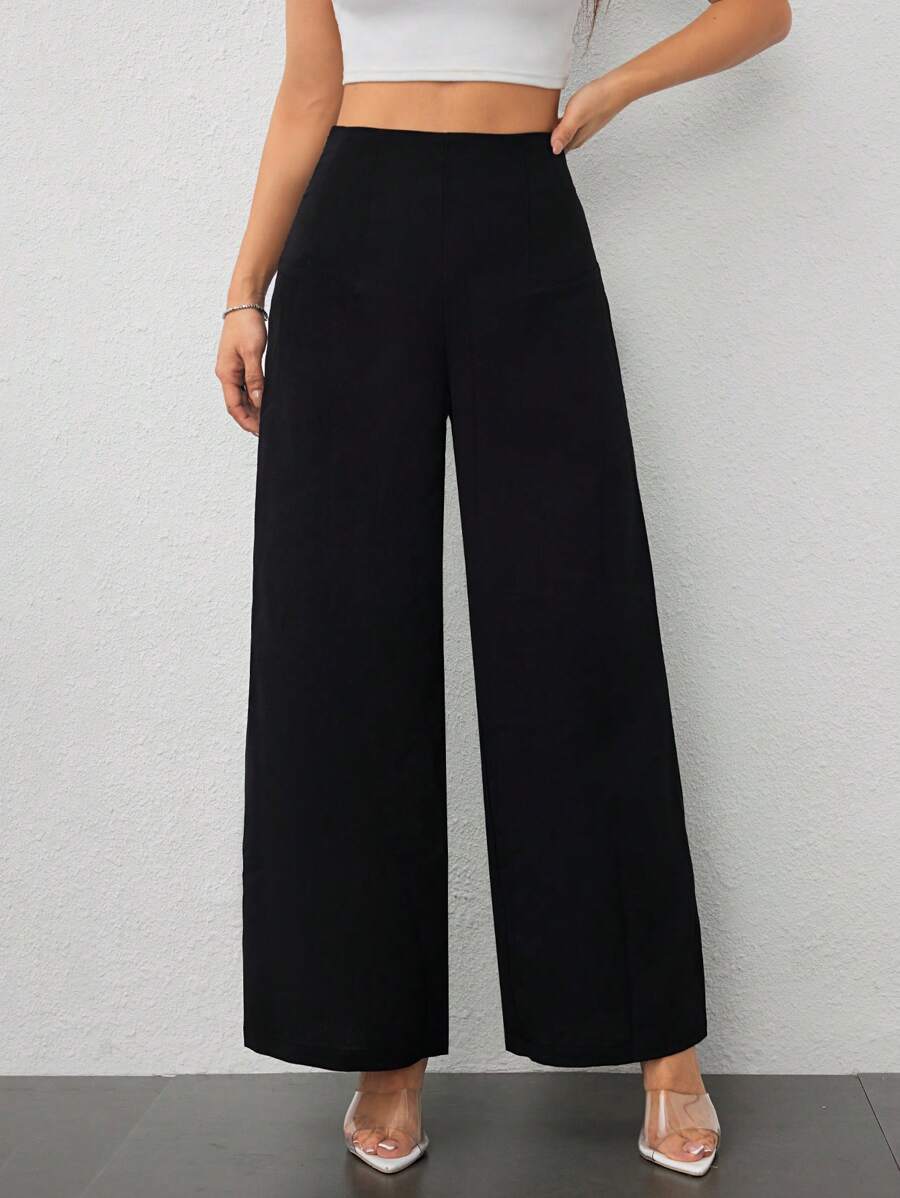 SHEIN PETITE بنطلون أسود بخصر عالي بساق واسعة بقماش منسوج