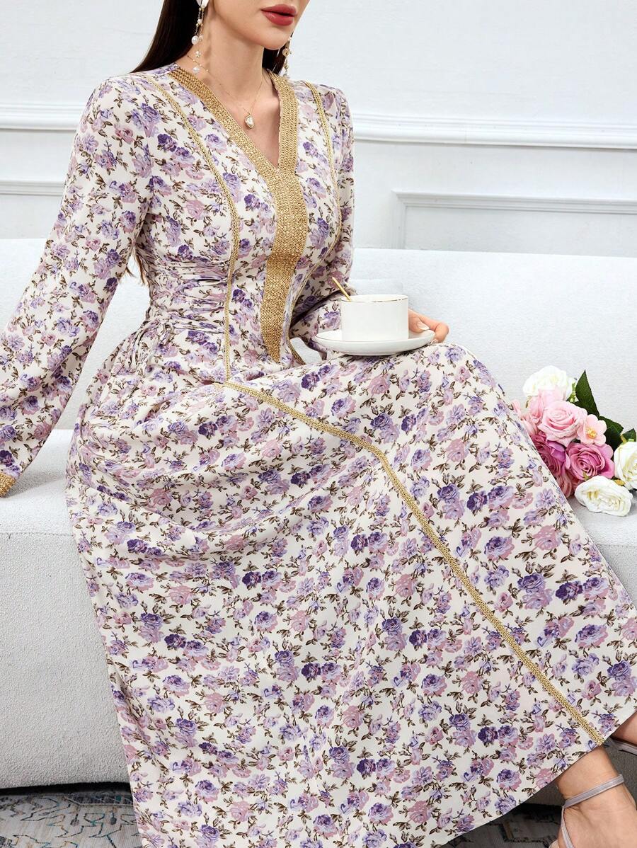 SHEIN Al Najma فستان عربي طويل الأكمام مريح بطباعة زهور