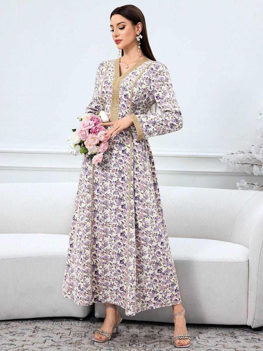 SHEIN Al Najma فستان عربي طويل الأكمام مريح بطباعة زهور