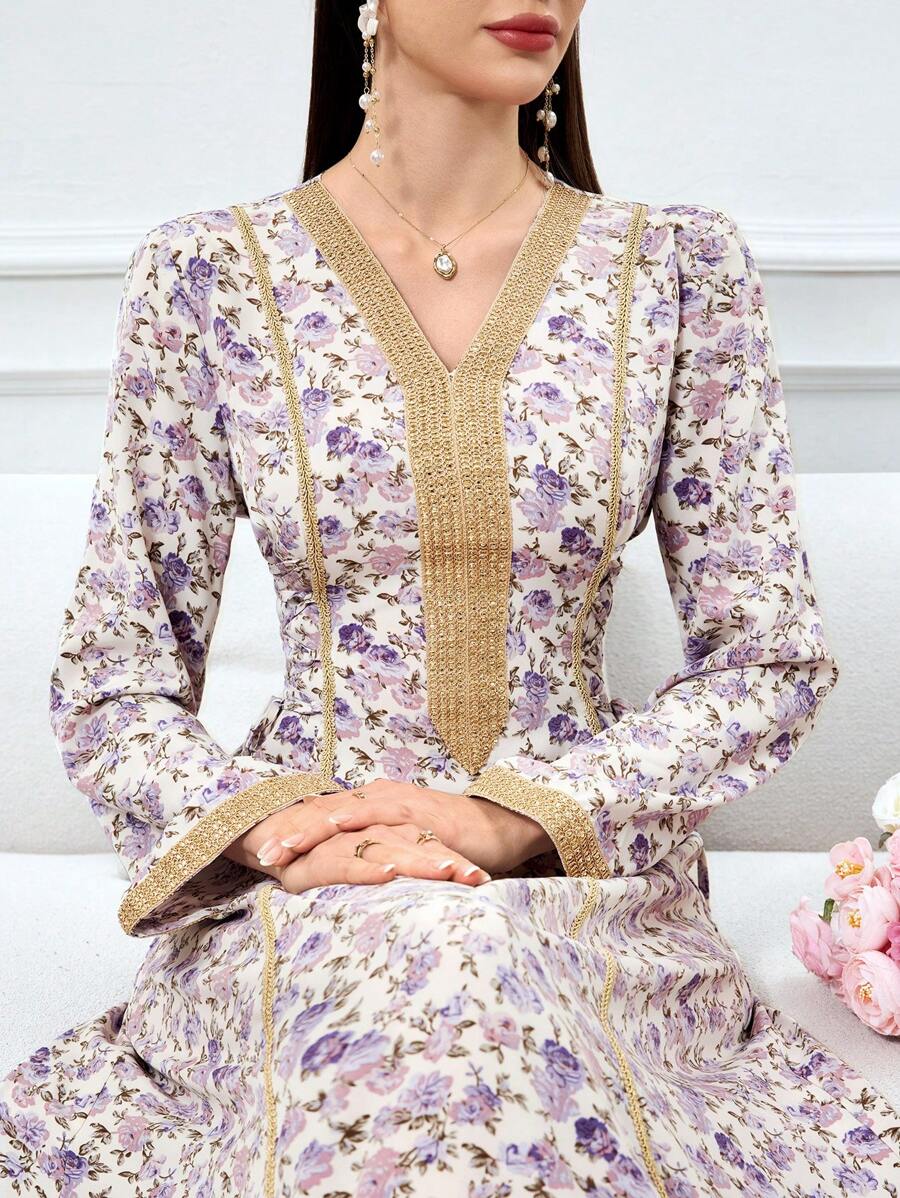 SHEIN Al Najma فستان عربي طويل الأكمام مريح بطباعة زهور