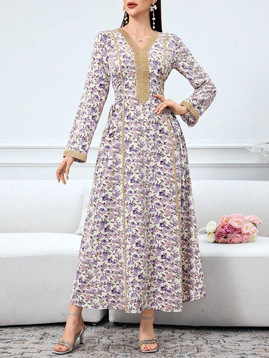 SHEIN Al Najma فستان عربي طويل الأكمام مريح بطباعة زهور