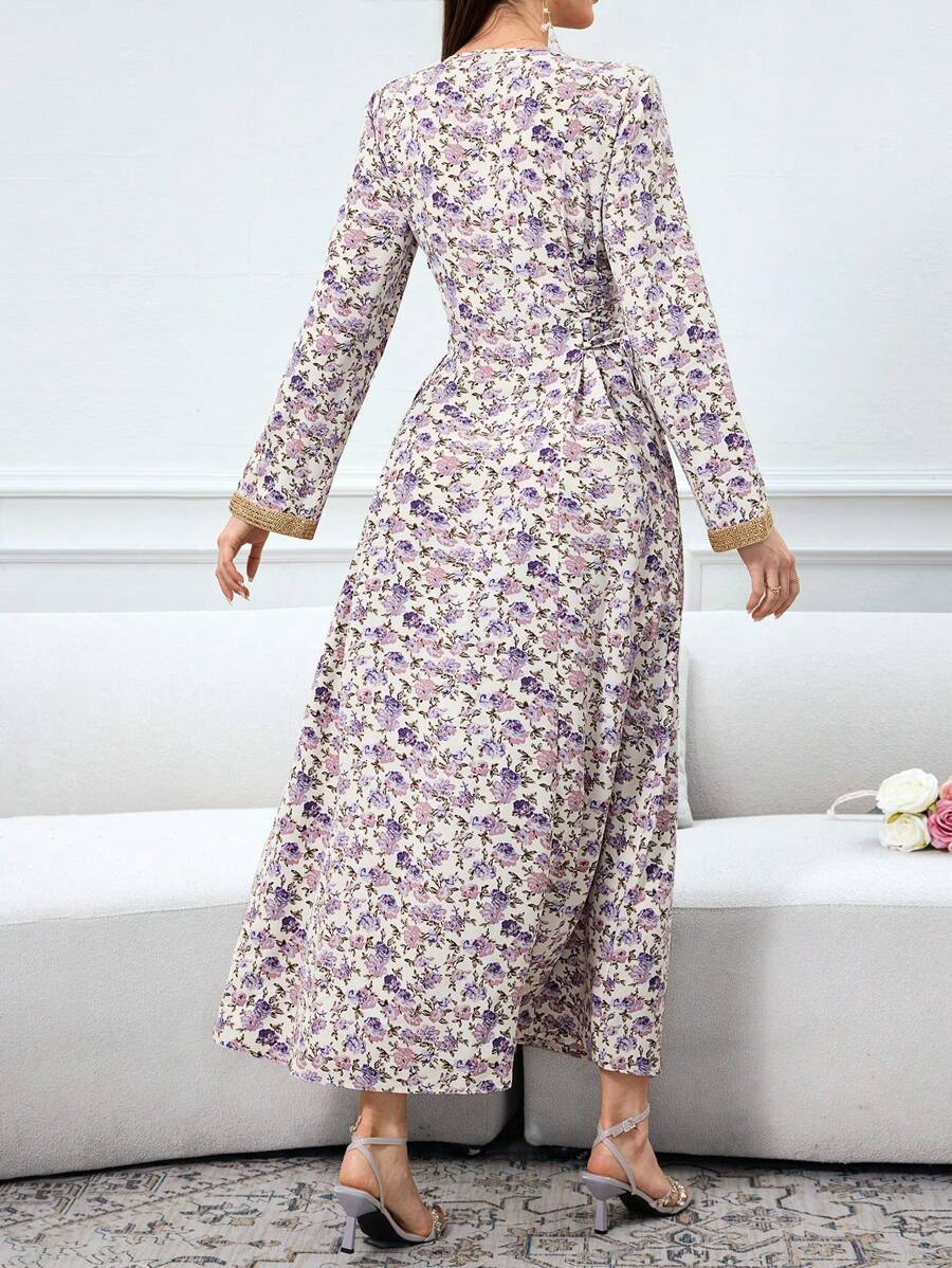SHEIN Al Najma فستان عربي طويل الأكمام مريح بطباعة زهور