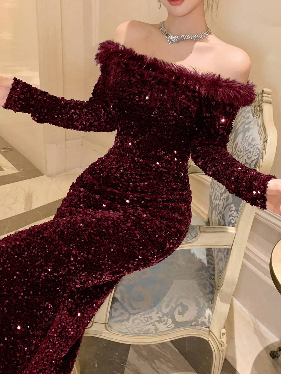 SHEIN DAZY فستان طويل عنابي بأكتاف مكشوفة