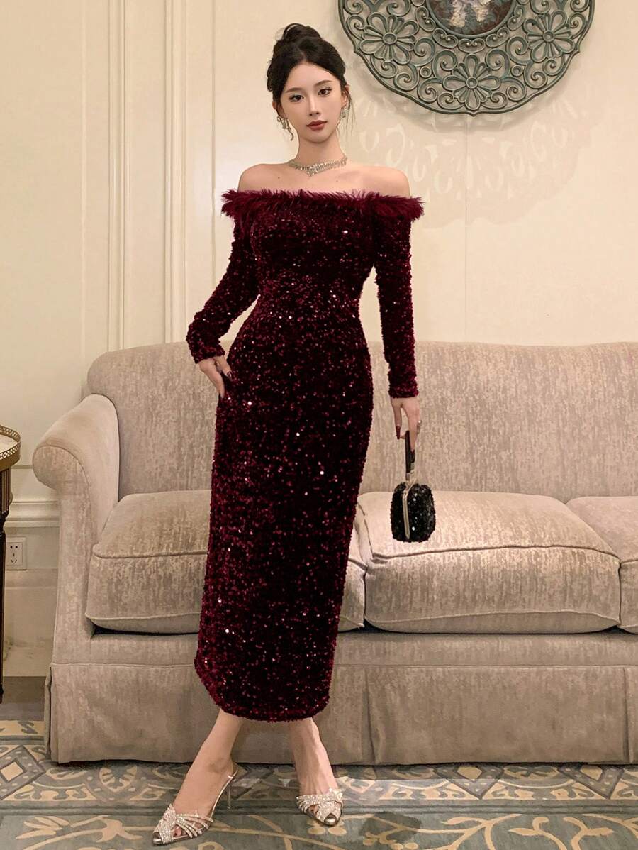 SHEIN DAZY فستان طويل عنابي بأكتاف مكشوفة