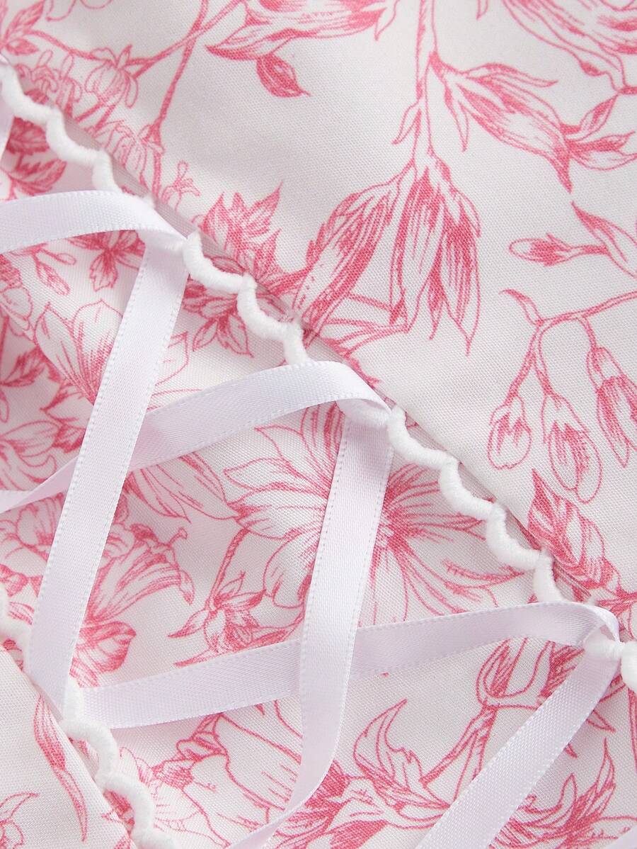 SHEIN MOD فستان وردي طويل بطبعة زهرية وربطة عقدة