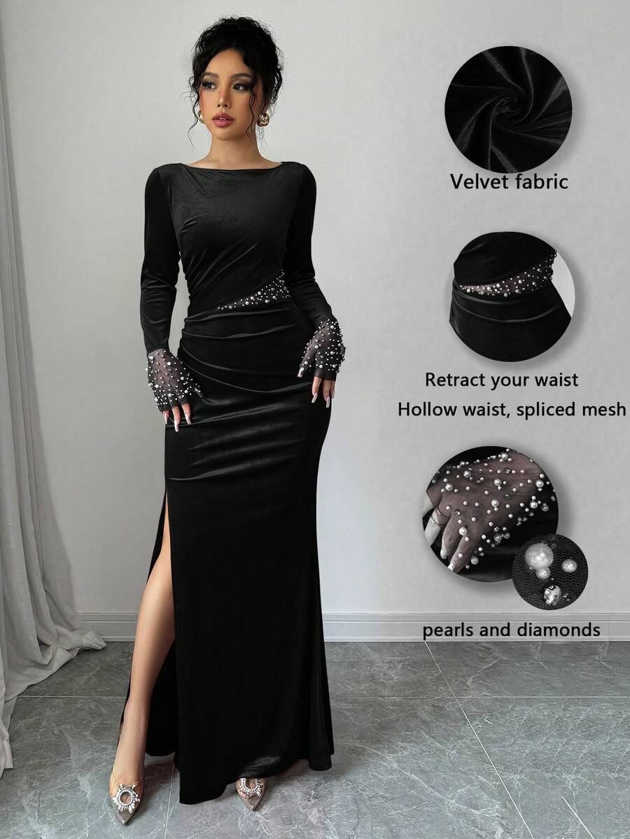 SHEIN Elenzga فستان اسود مزين باللؤلؤ مع خصر وشق