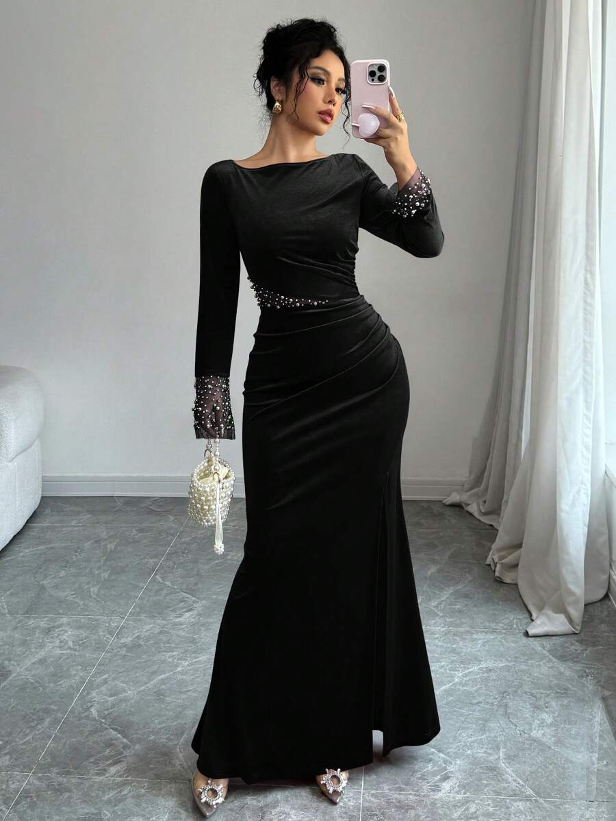 SHEIN Elenzga فستان اسود مزين باللؤلؤ مع خصر وشق