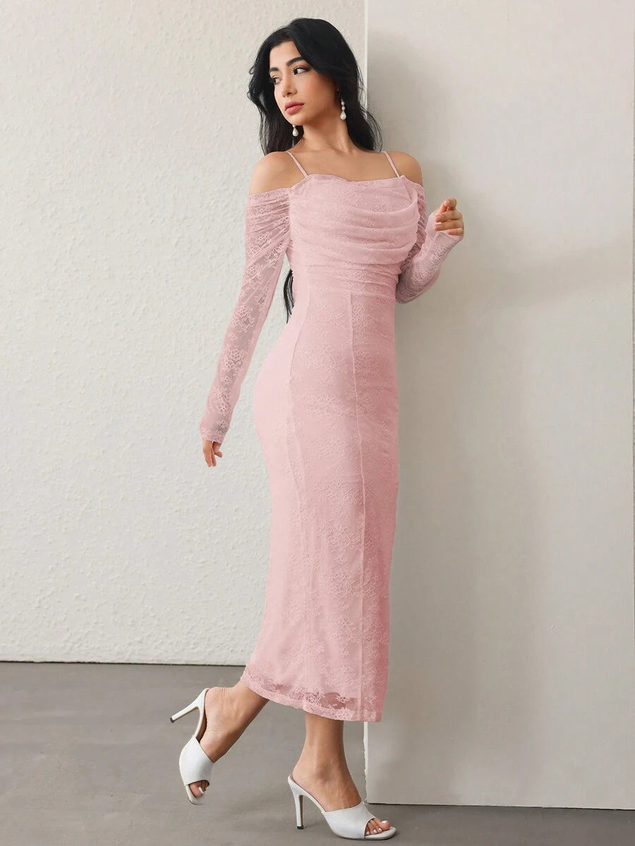 SHEIN Modelyn فستان سهرة وردي بأكمام طويلة