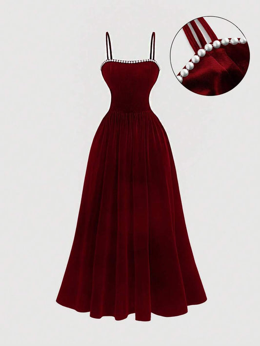 SHEIN MOD فستان عنابي  رسمي بأشرطة لؤلؤ