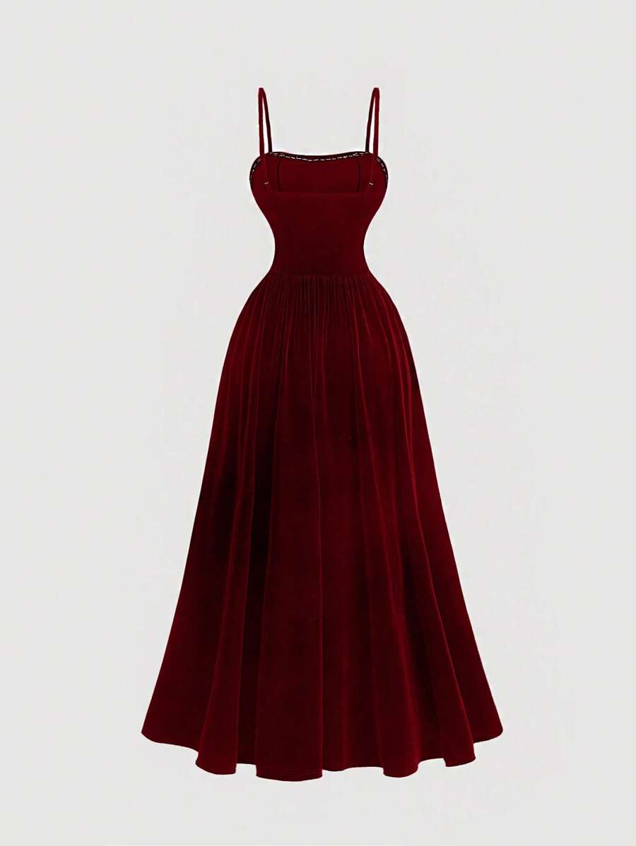 SHEIN MOD فستان عنابي  رسمي بأشرطة لؤلؤ