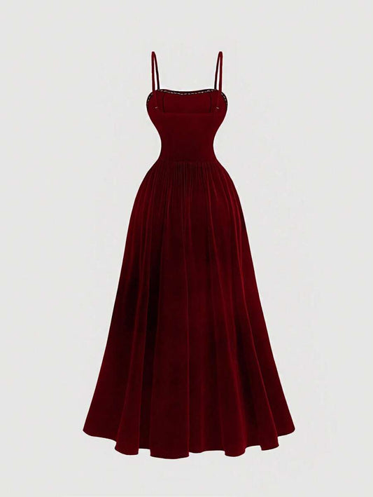 SHEIN MOD فستان عنابي  رسمي بأشرطة لؤلؤ