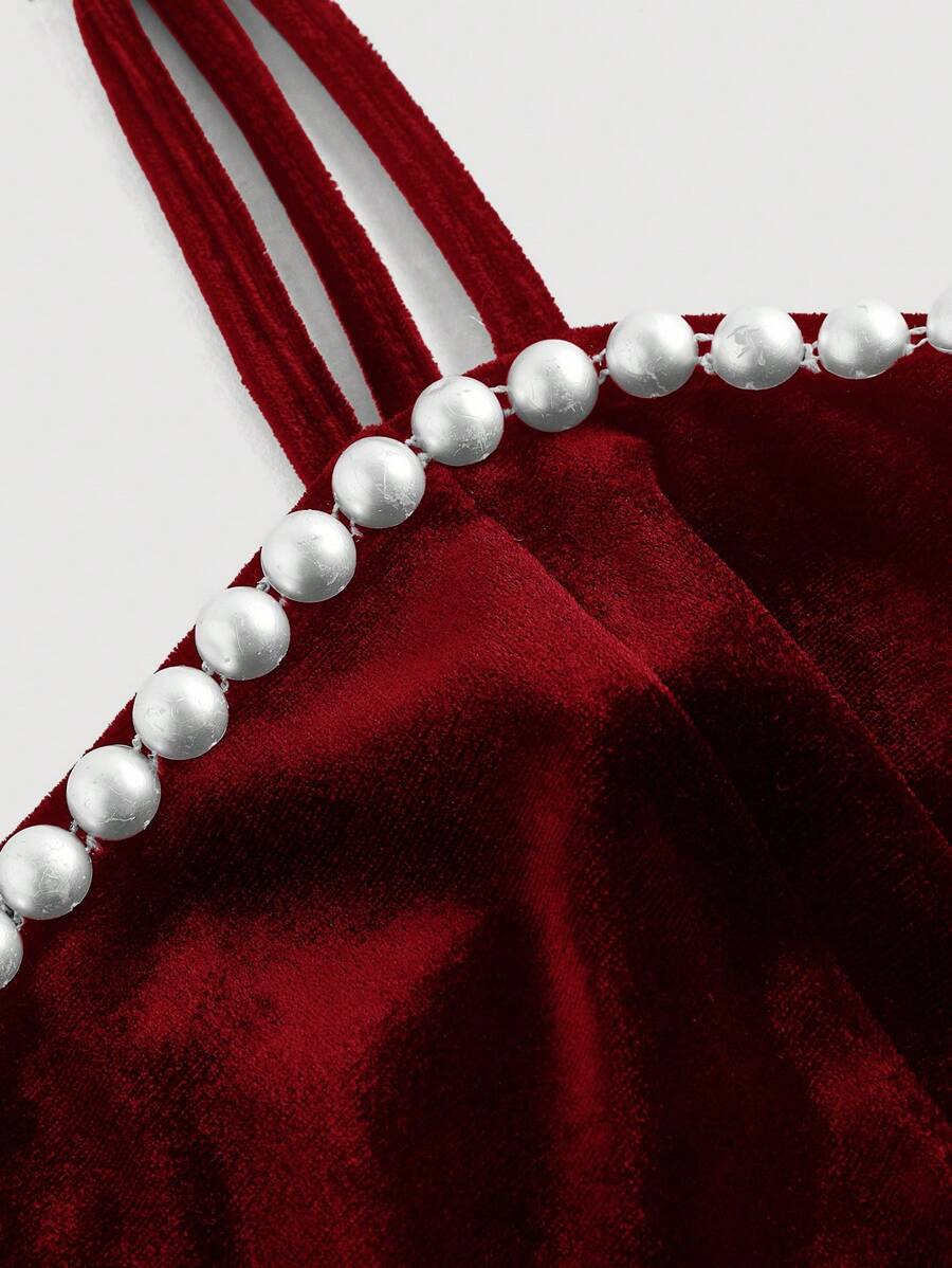 SHEIN MOD فستان عنابي  رسمي بأشرطة لؤلؤ