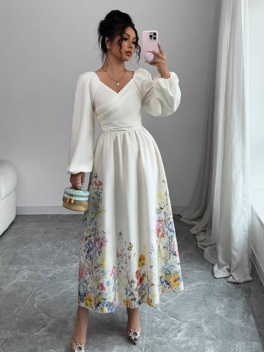 SHEIN Modelyn فستان أنيق بطباعة زهرية وأكمام فوانيس
