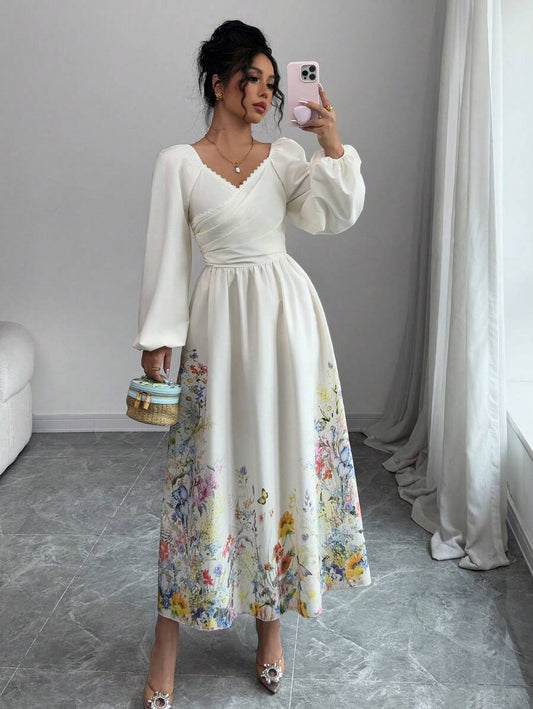 SHEIN Modelyn فستان أنيق بطباعة زهرية وأكمام فوانيس