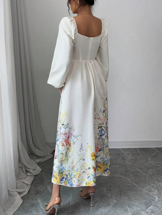 SHEIN Modelyn فستان أنيق بطباعة زهرية وأكمام فوانيس
