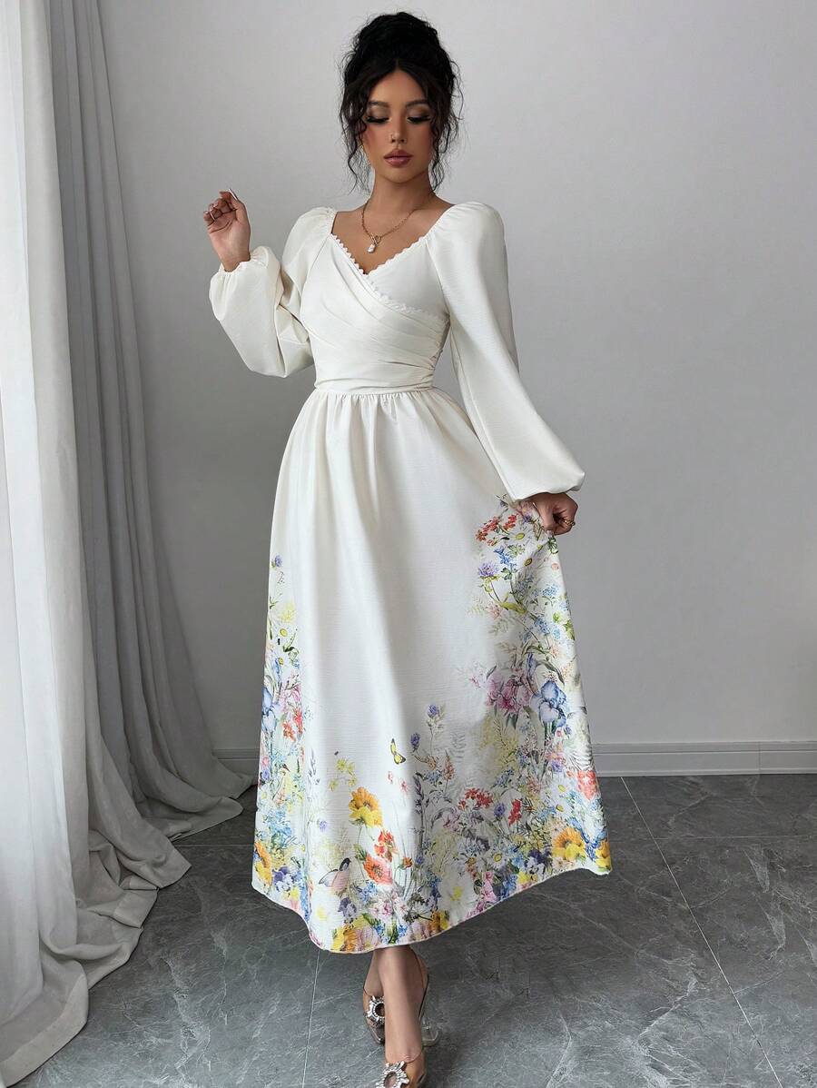 SHEIN Modelyn فستان أنيق بطباعة زهرية وأكمام فوانيس