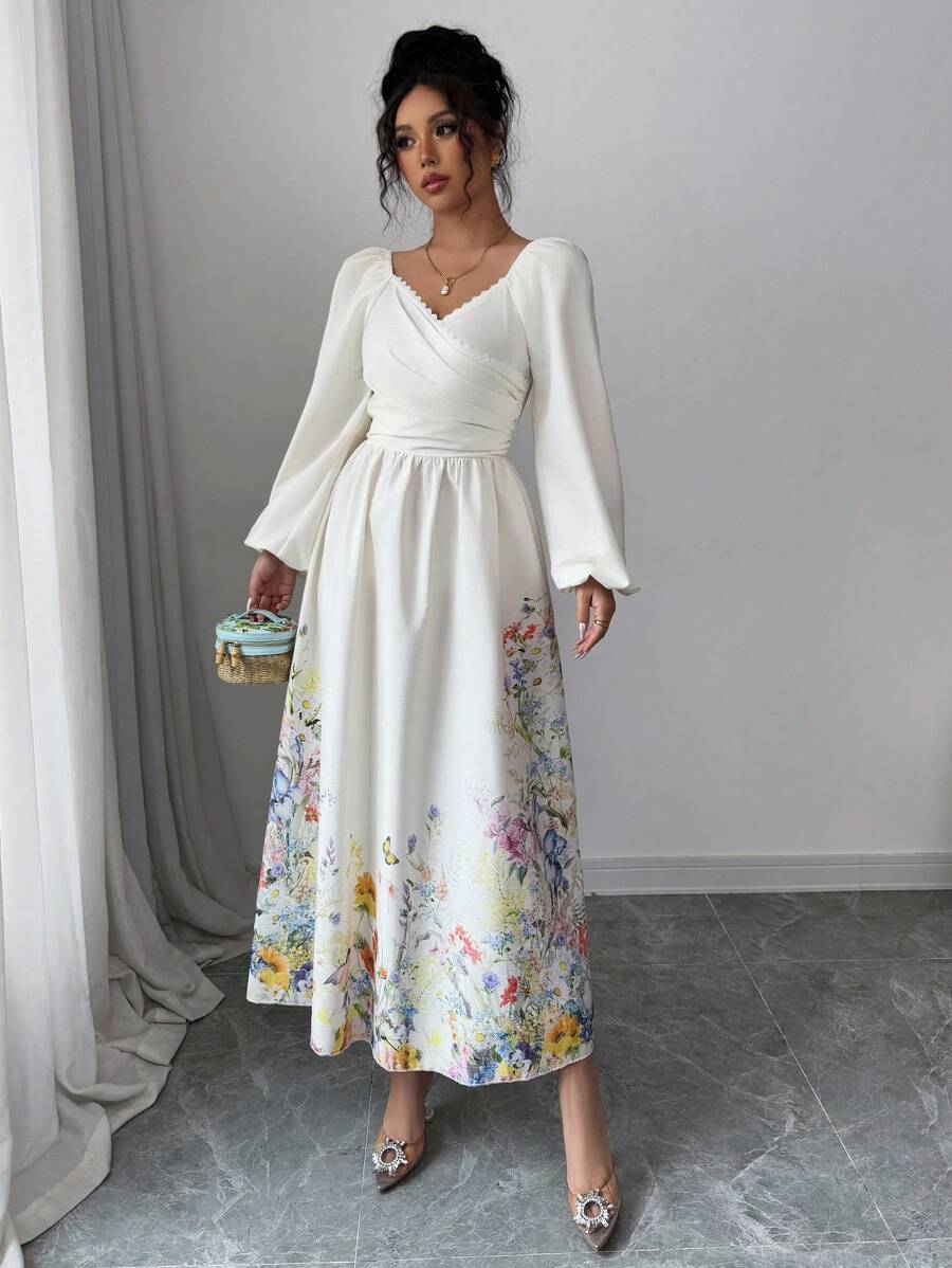SHEIN Modelyn فستان أنيق بطباعة زهرية وأكمام فوانيس