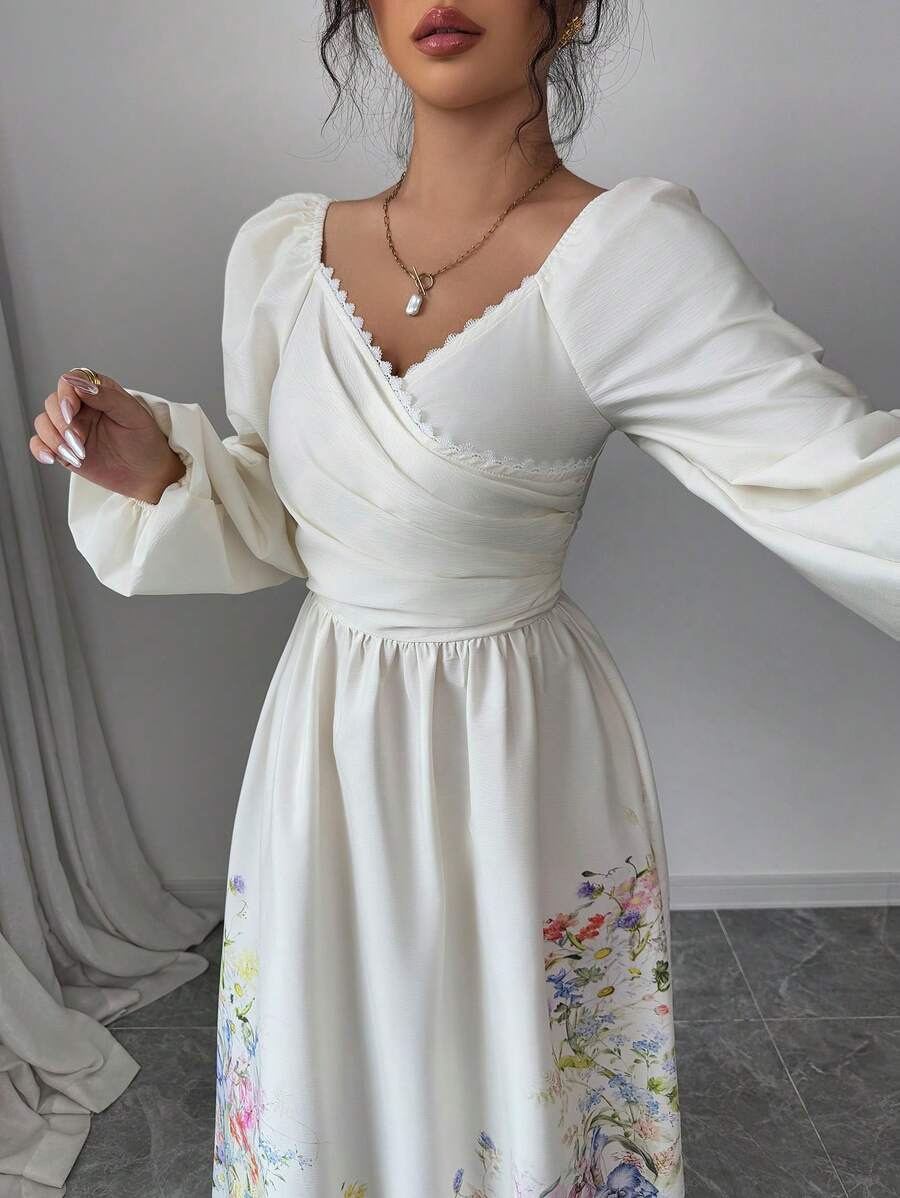SHEIN Modelyn فستان أنيق بطباعة زهرية وأكمام فوانيس