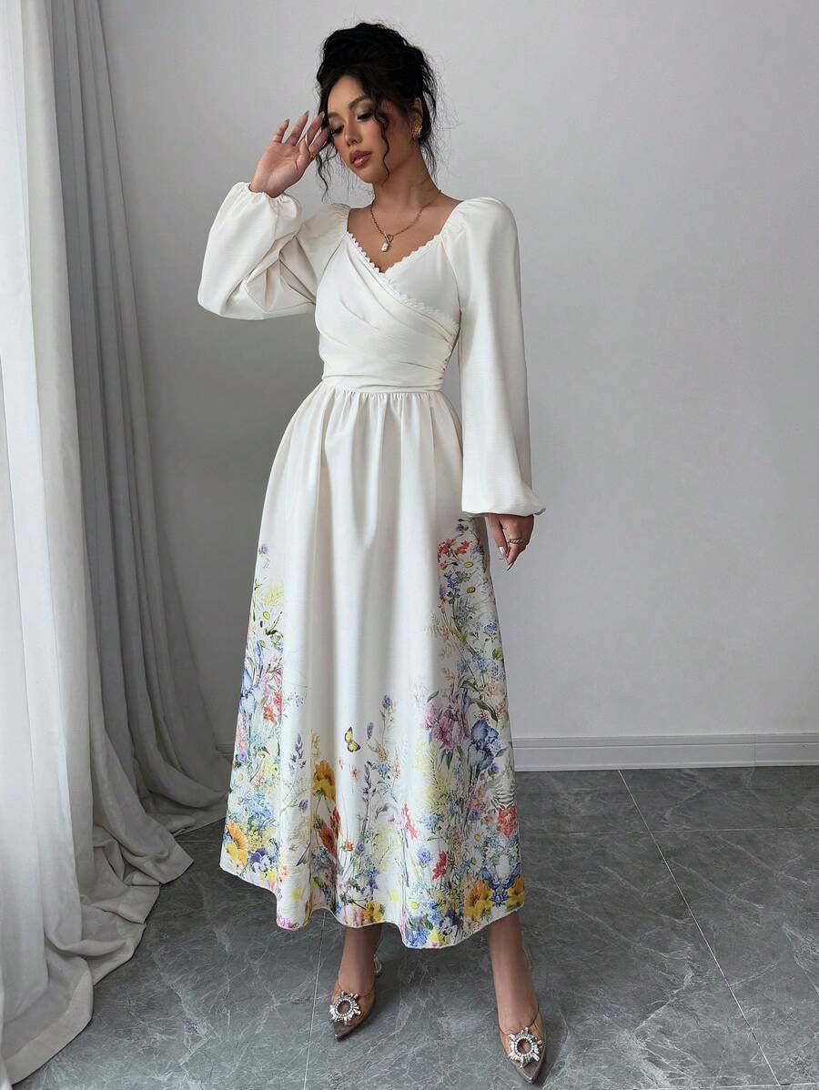 SHEIN Modelyn فستان أنيق بطباعة زهرية وأكمام فوانيس