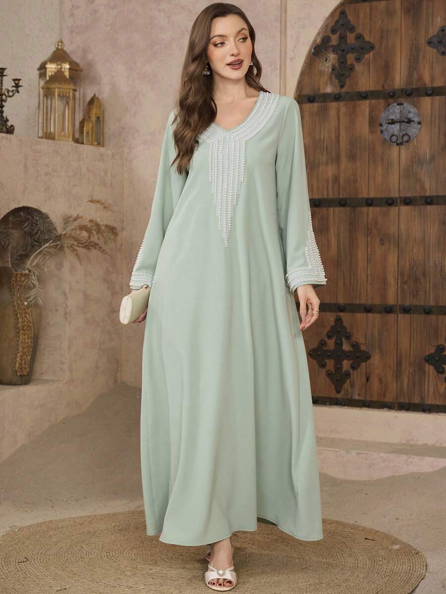SHEIN Al Najma عباءة طويلة منفرة بتطريز وتطعيمات كفتان