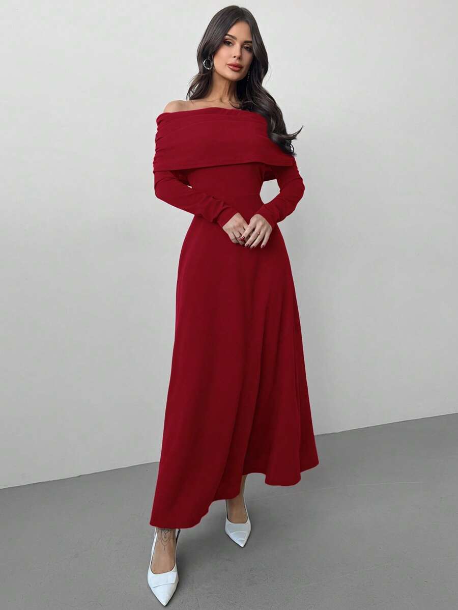 SHEIN Firerie فستان أحمر كاجوال بأكمام طويلة وأكتاف مكشوفة