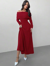 SHEIN Firerie فستان أحمر كاجوال بأكمام طويلة وأكتاف مكشوفة