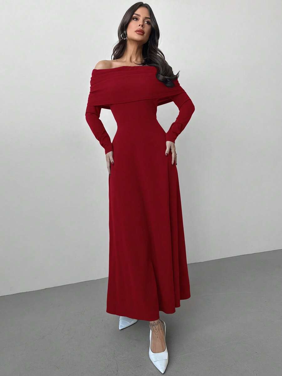 SHEIN Firerie فستان أحمر كاجوال بأكمام طويلة وأكتاف مكشوفة