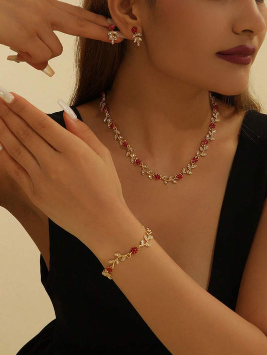 SHEIN طقم مجوهرات 4 قطع بتصميم زهري أحمر مرصع بالراين