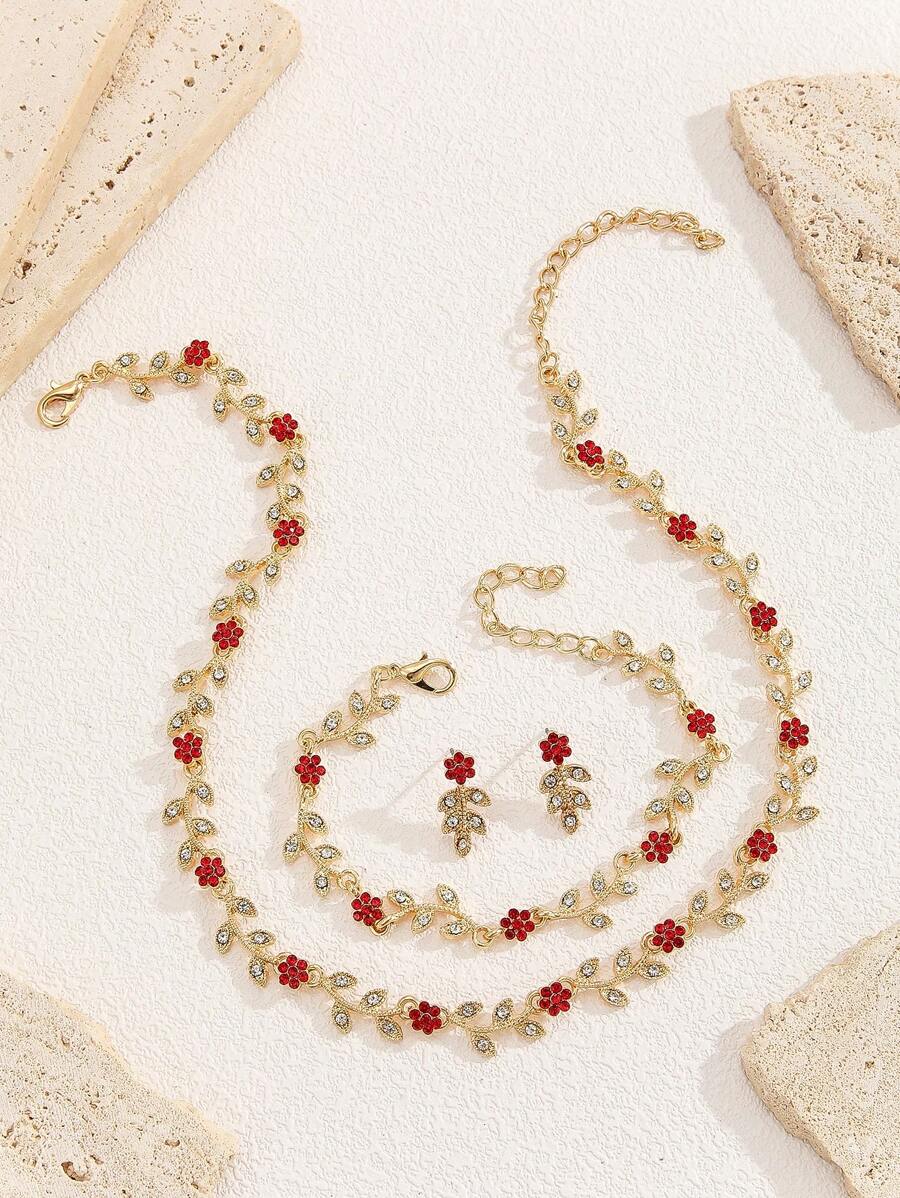 SHEIN طقم مجوهرات 4 قطع بتصميم زهري أحمر مرصع بالراين