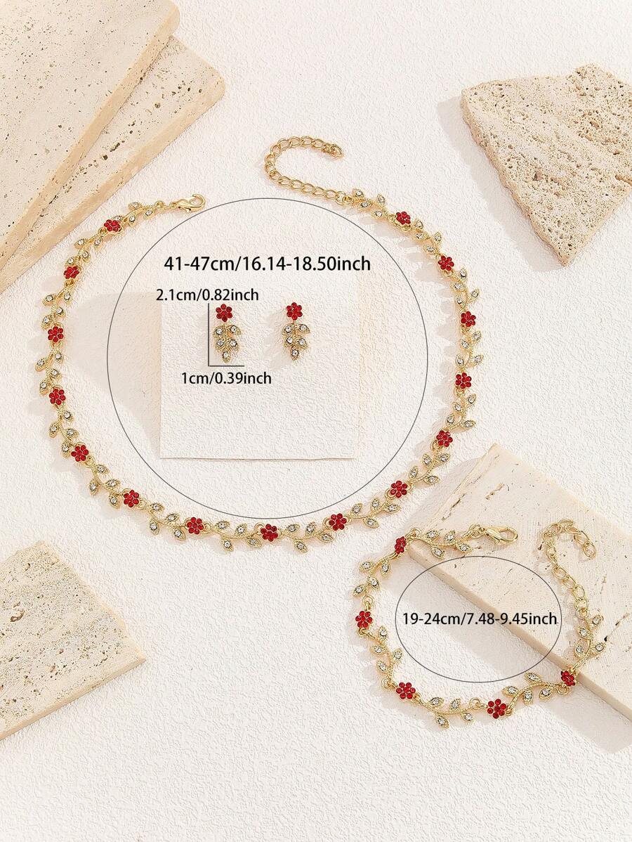 SHEIN طقم مجوهرات 4 قطع بتصميم زهري أحمر مرصع بالراين