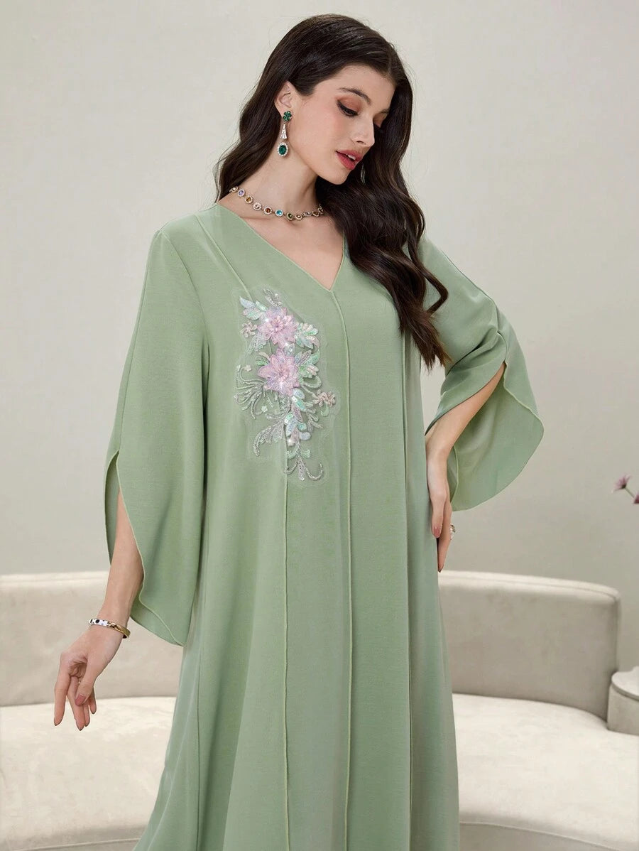 SHEIN Yasmyna فستان ماكسي اخضر بأكمام طويلة مزخرف