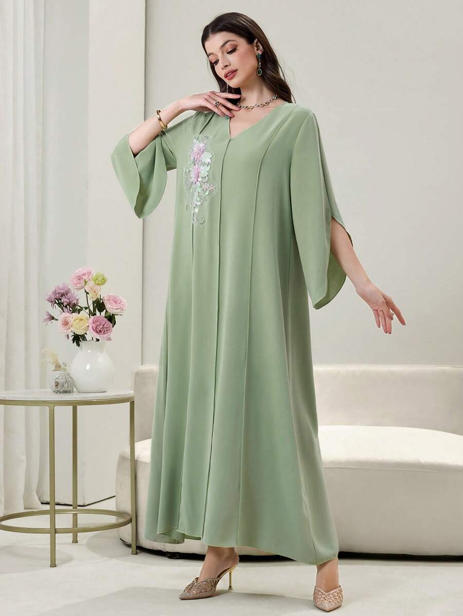 SHEIN Yasmyna فستان ماكسي اخضر بأكمام طويلة مزخرف